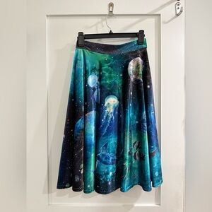 Blackmilk blue + green Galactic Ocean print velour polyester A-line skirt